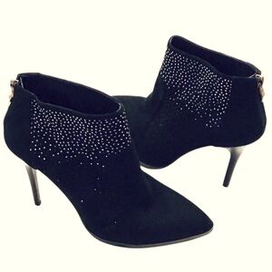 Black Ankle Bootie Suede Stiletto Heel Rhinestone Accent Shootie EU 41 /10-10.5